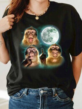 Monkey With The Moon T-Shirt, Funny Weirdcore Animal Graphic Tee